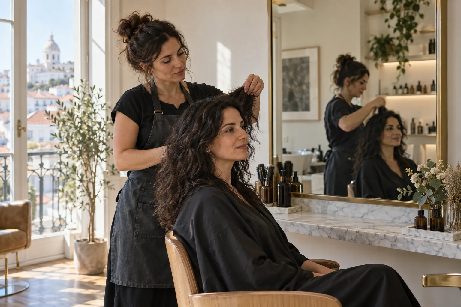 A woman with naturally wavy hair sitting in a hairdresser's chair in a Lisbon salon, in consultation before a haircut